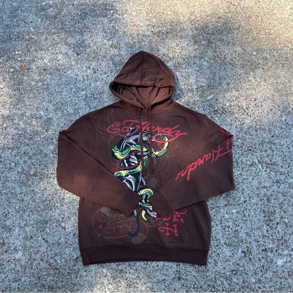 Ed Hardy Brown Hoodie with Red and Green Graphic